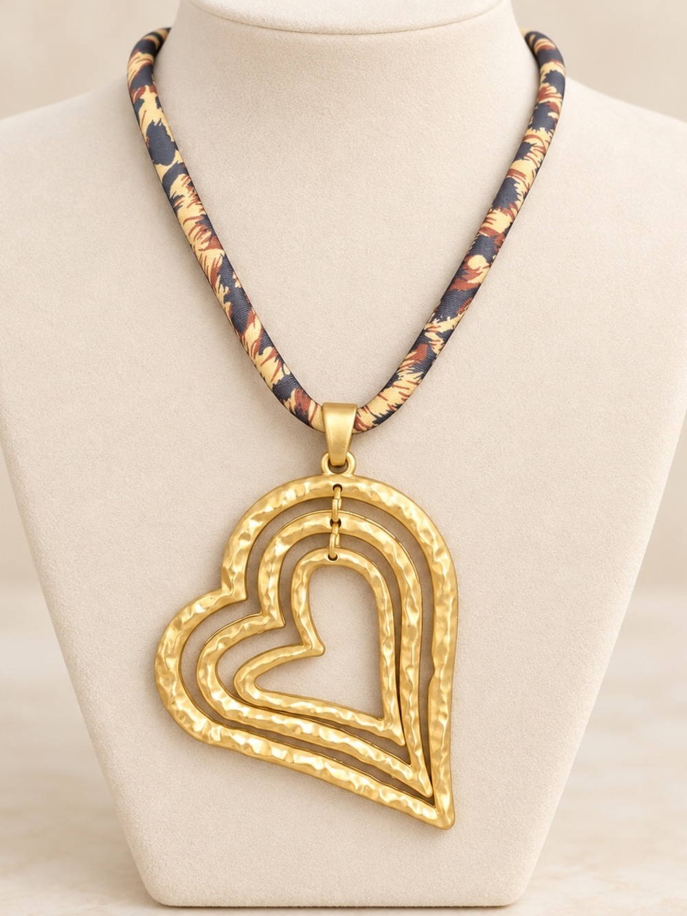 Gold Heart Layered Pendant Necklace with Patterned Cord